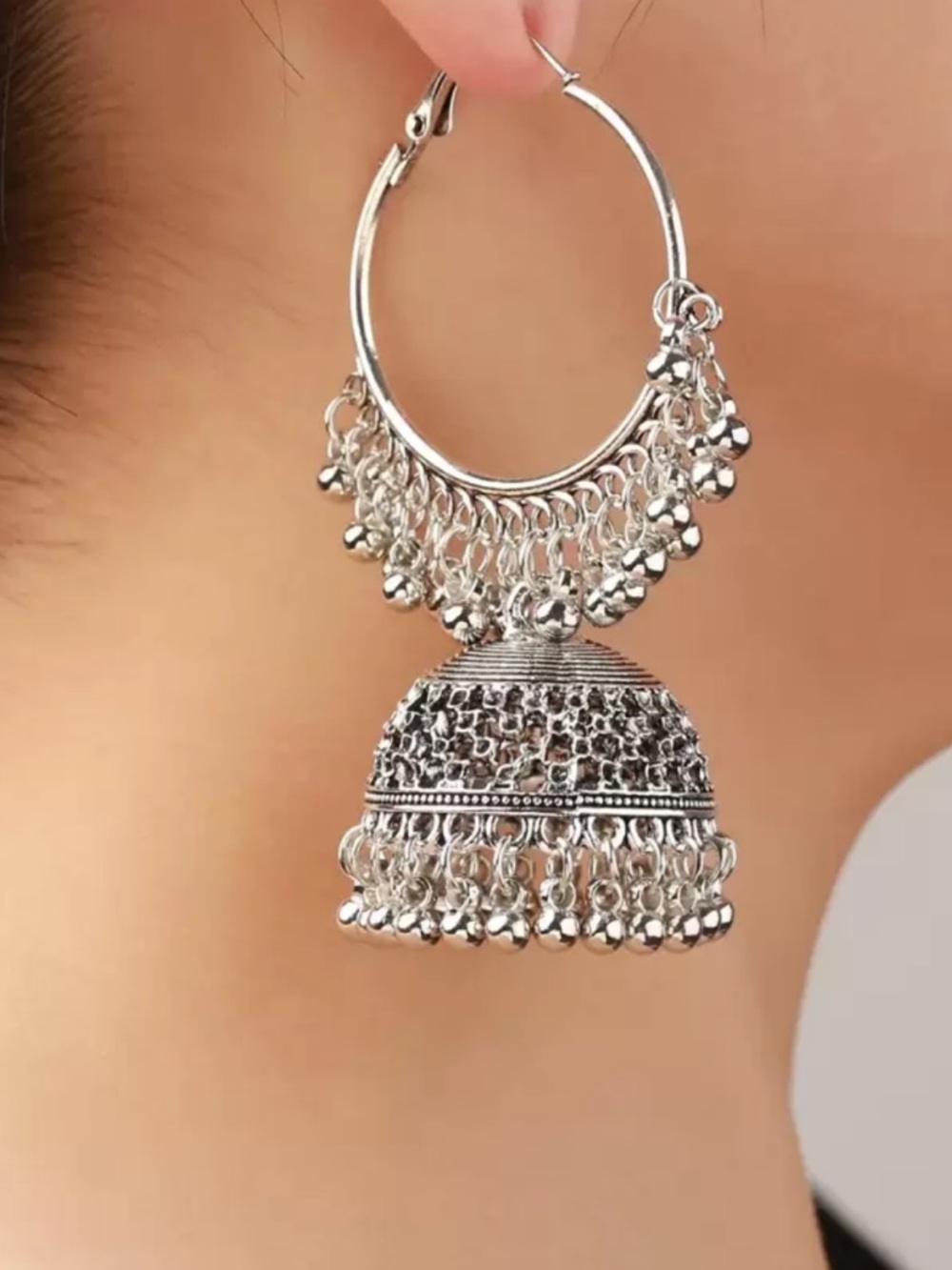 Silver Jhumka Hoop Earrings - Traditional Indian Style - Picture 6 of 6